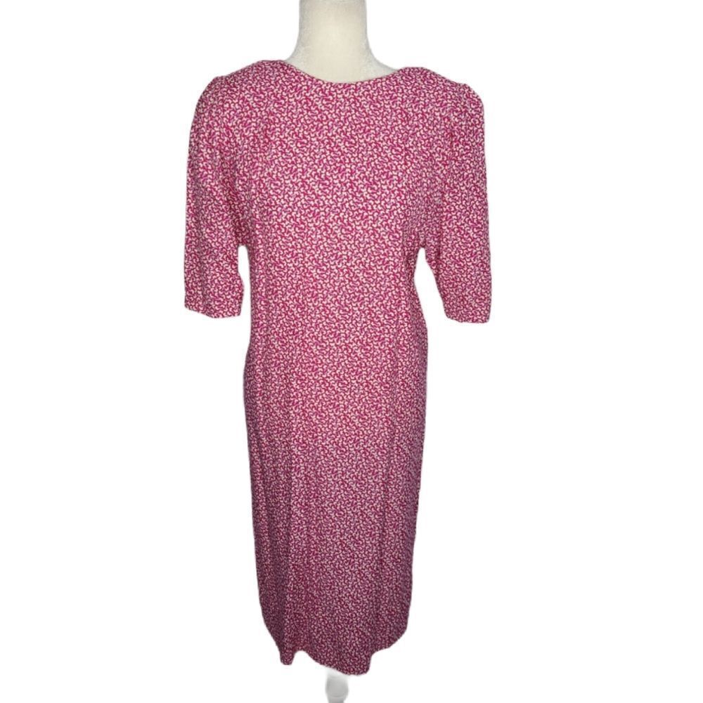 VINTAGE 90s pink dress abstract floral puff sleeve button back‎ rayon midi M